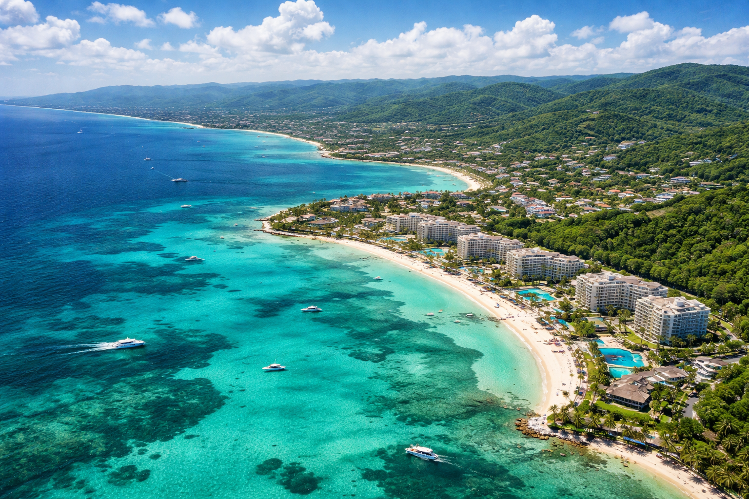Aerial view of Montego Bay coastline with turquoise Caribbean water, beachfront resorts, residential areas, and lush green hills under sunny tropical skies
