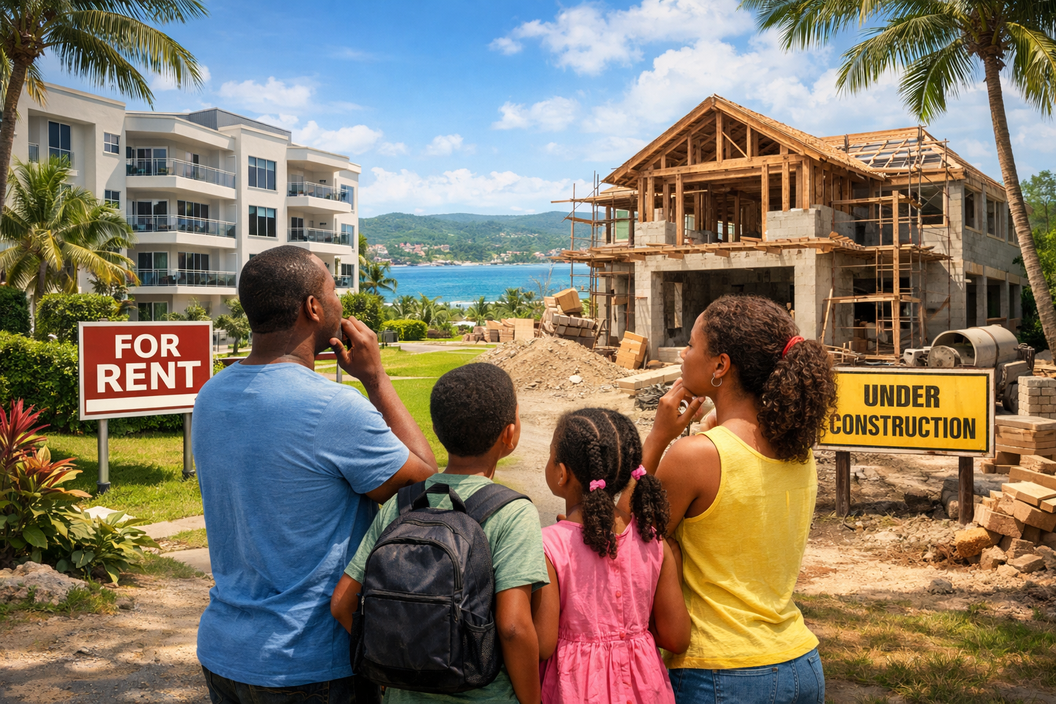 Returning family in Montego Bay, Jamaica comparing rental apartment and house under construction, thoughtful decision-making in tropical setting