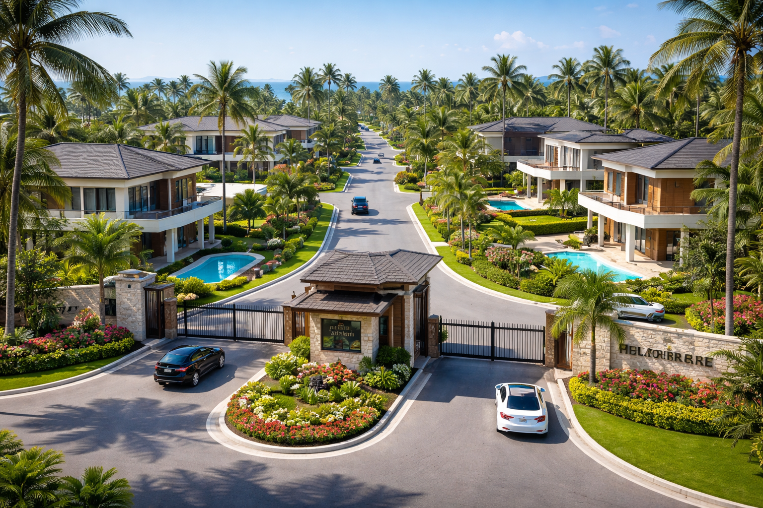 Modern gated community in Ironshore Montego Bay with luxury villas, palm-lined roads, secure entrance, and upscale Caribbean neighborhood setting