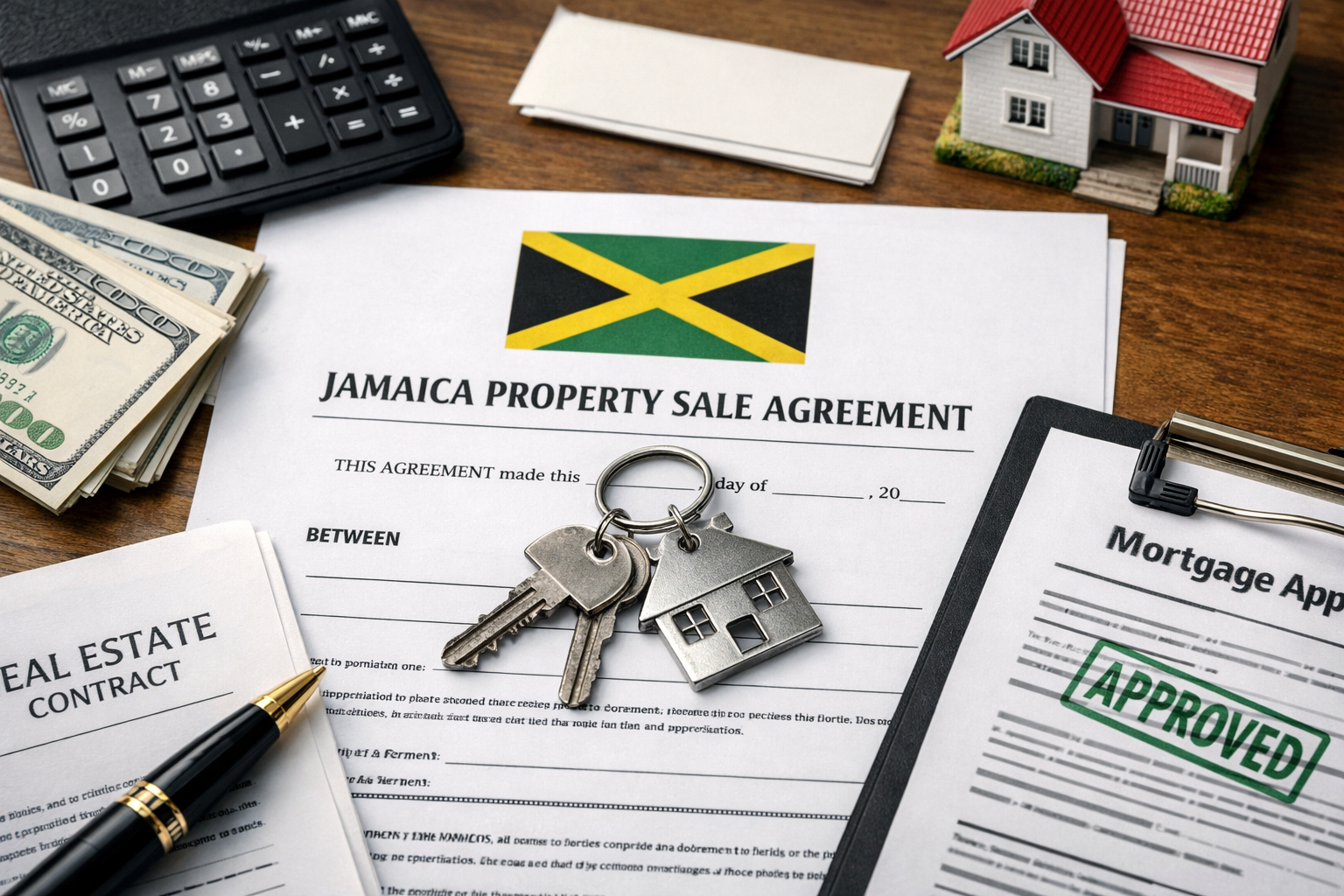 Close-up of Jamaican real estate contract with house keys on desk, symbolizing property buying process in Jamaica