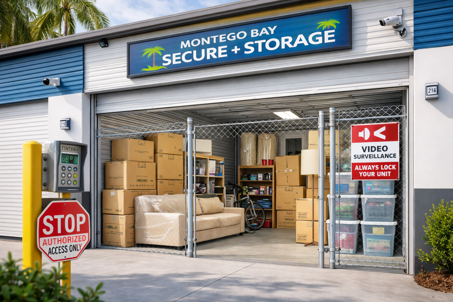 Clean and secure storage unit at Secure Plus Storage in Montego Bay with neatly packed boxes, labeled containers, and safely stored furniture