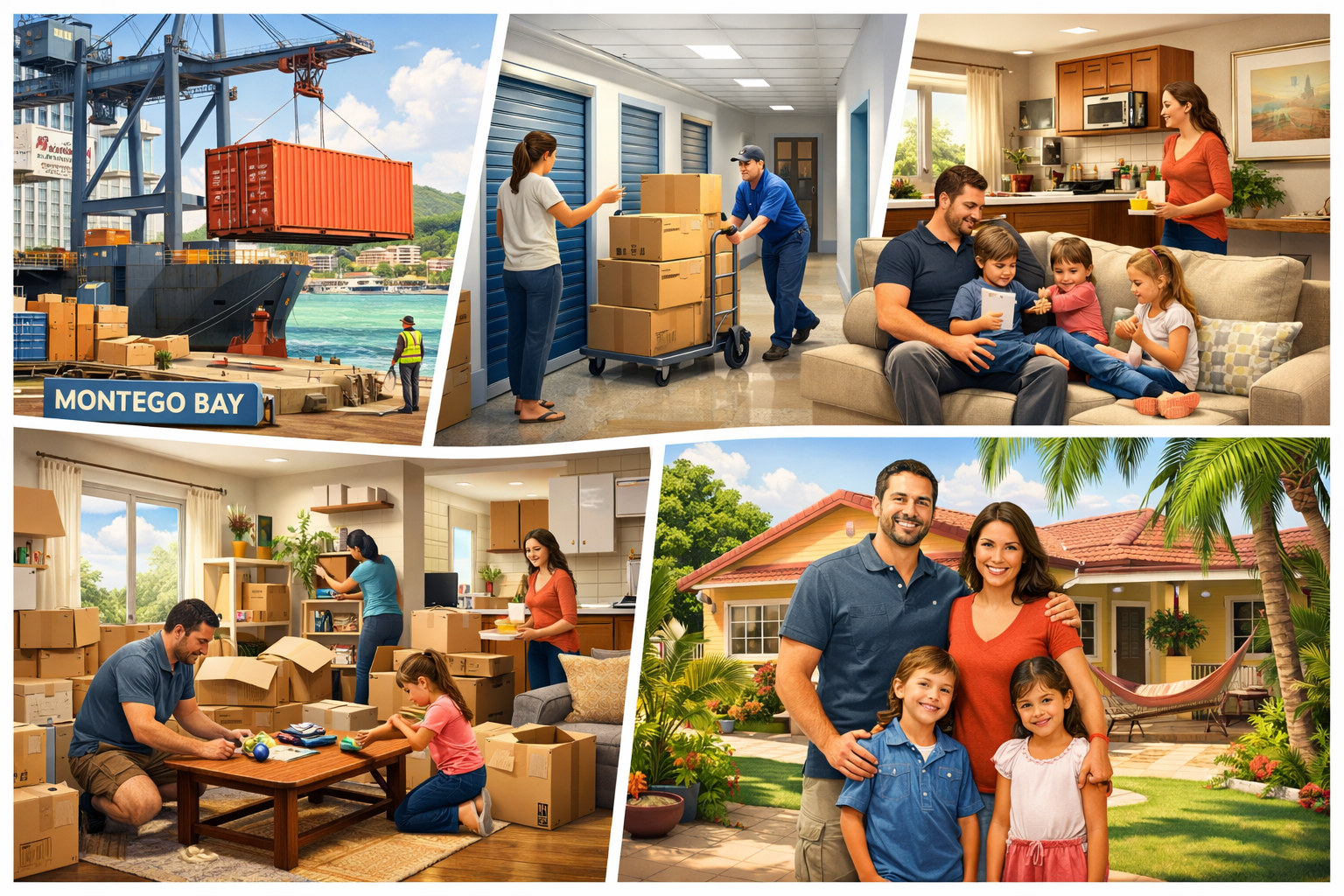 Family relocation journey to Montego Bay showing shipping container at port, storage facility use, temporary apartment living, unpacking process, and final move into a completed Caribbean home