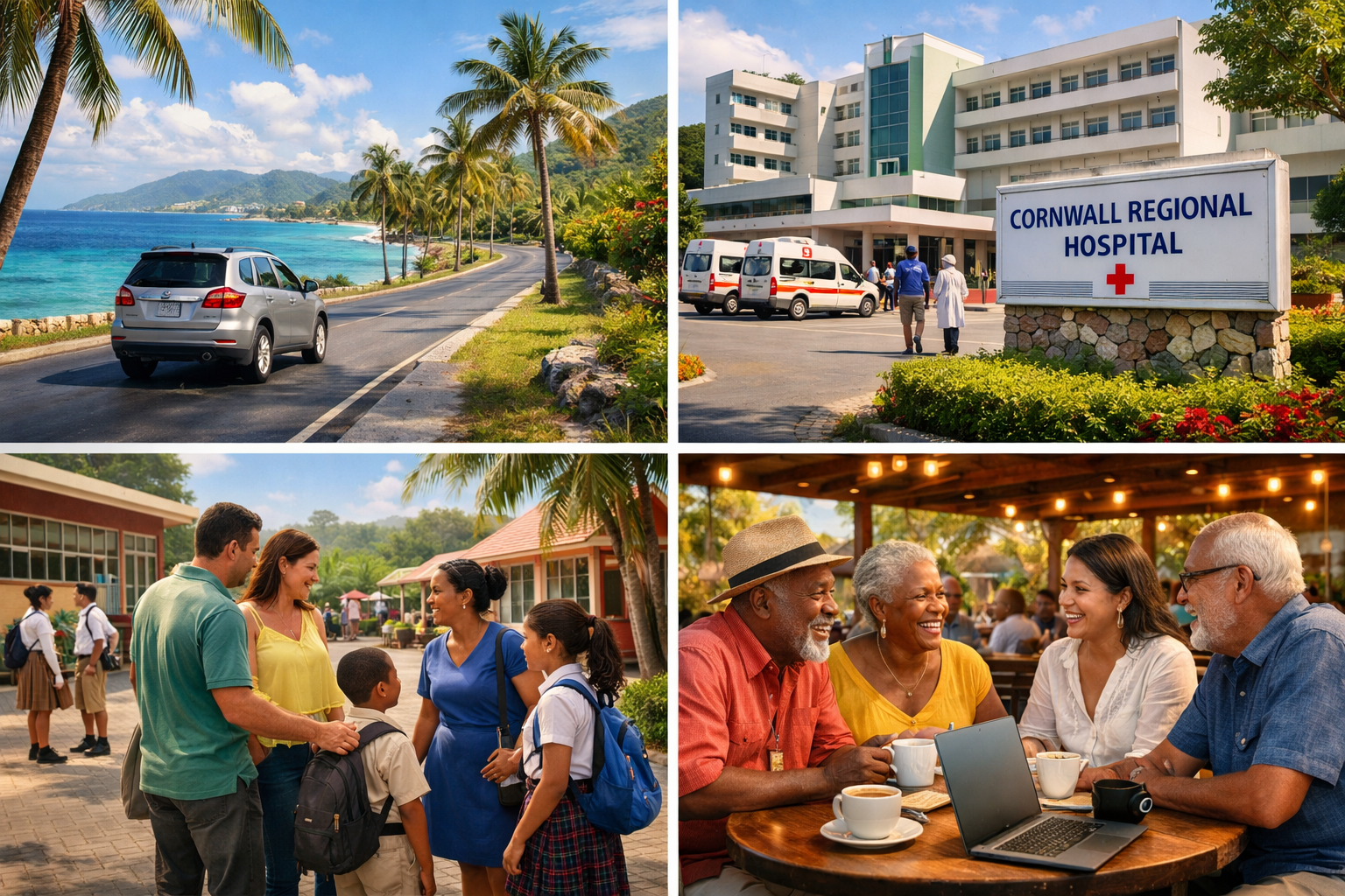 Lifestyle collage in Montego Bay showing coastal drive with palm trees, Cornwall Regional Hospital exterior, parents visiting a tropical school campus, and returning residents socializing at a community meetup with coffee and laptops