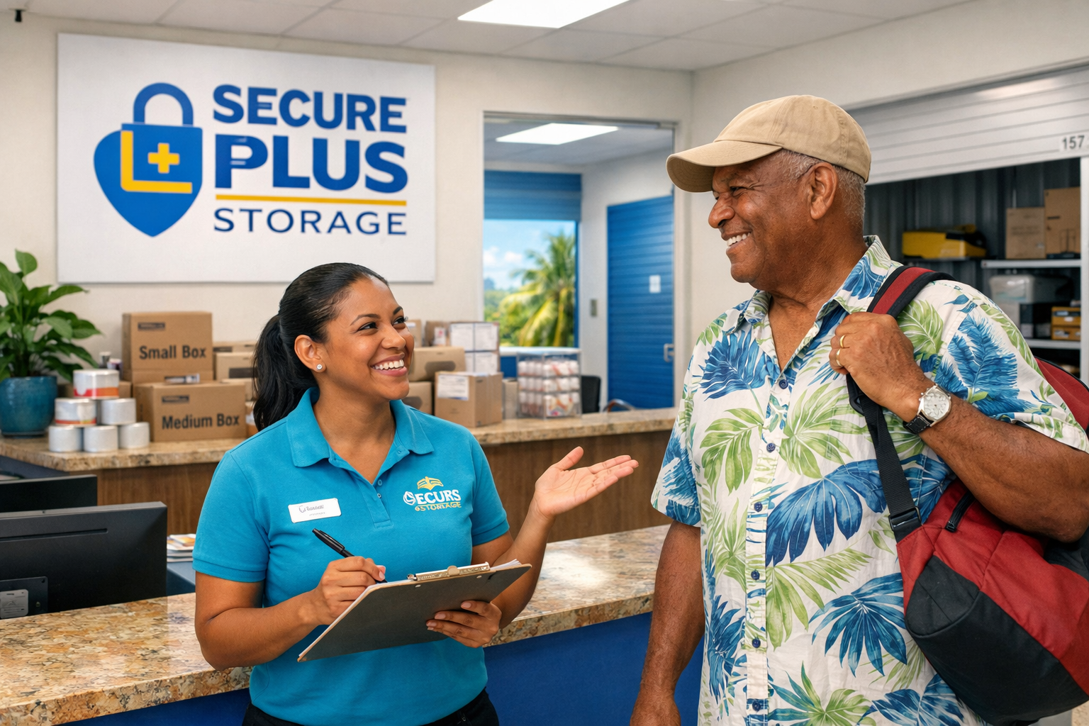 Friendly staff member assisting returning resident at Secure Plus Storage in Montego Bay, clean and secure Caribbean storage facility