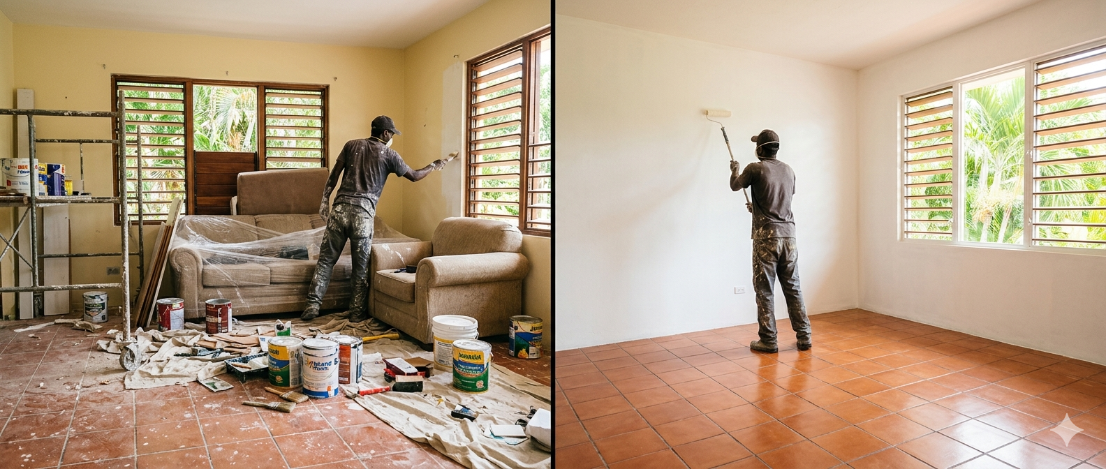 Split image showing cluttered Jamaican living room during renovation versus empty clean room ready for painting Split image showing cluttered Jamaican living room during renovation versus empty clean room ready for painting