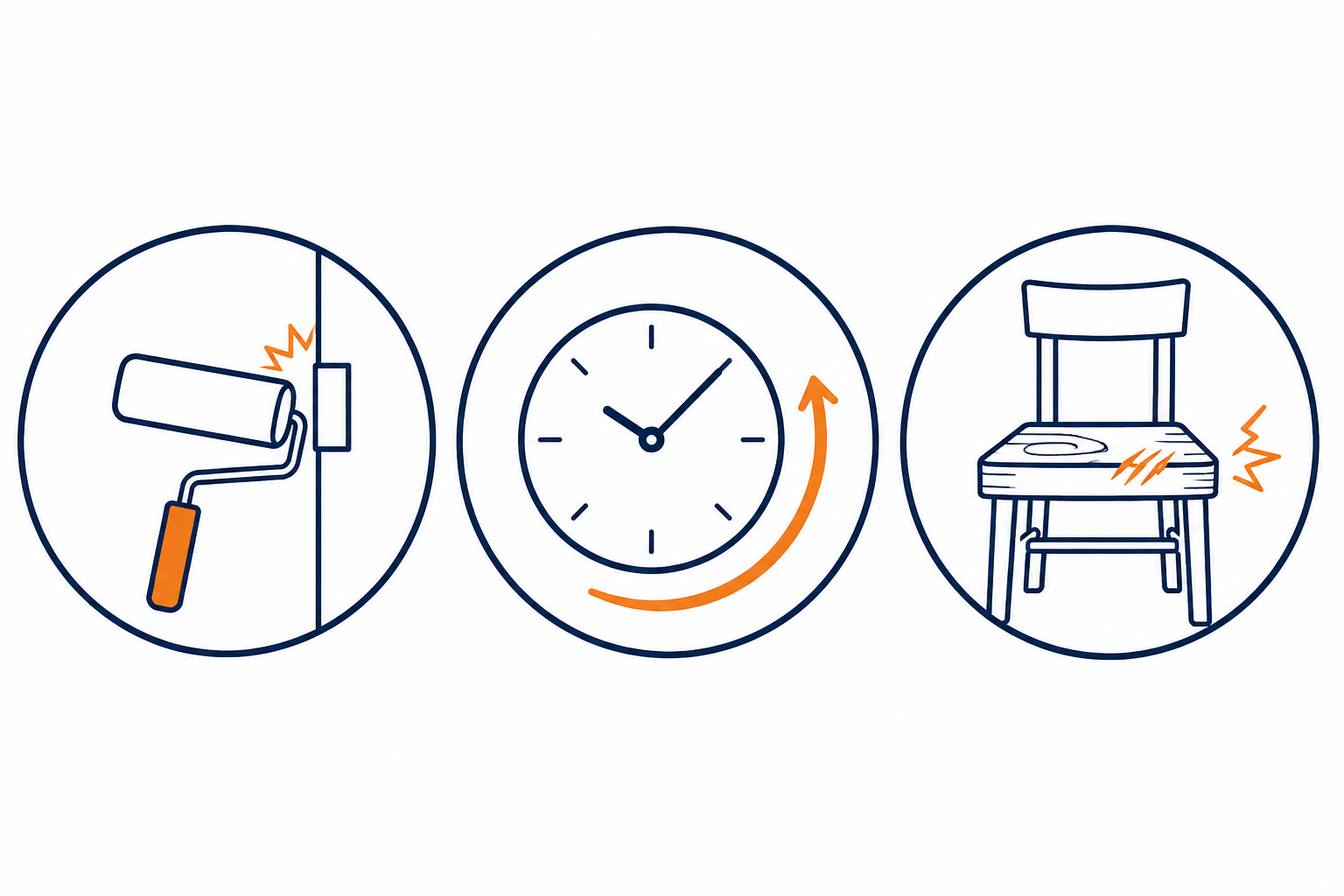 Icons showing renovation problems caused by furniture slower painting, longer timeline, and damaged furniture Icons showing renovation problems caused by furniture slower painting, longer timeline, and damaged furniture
