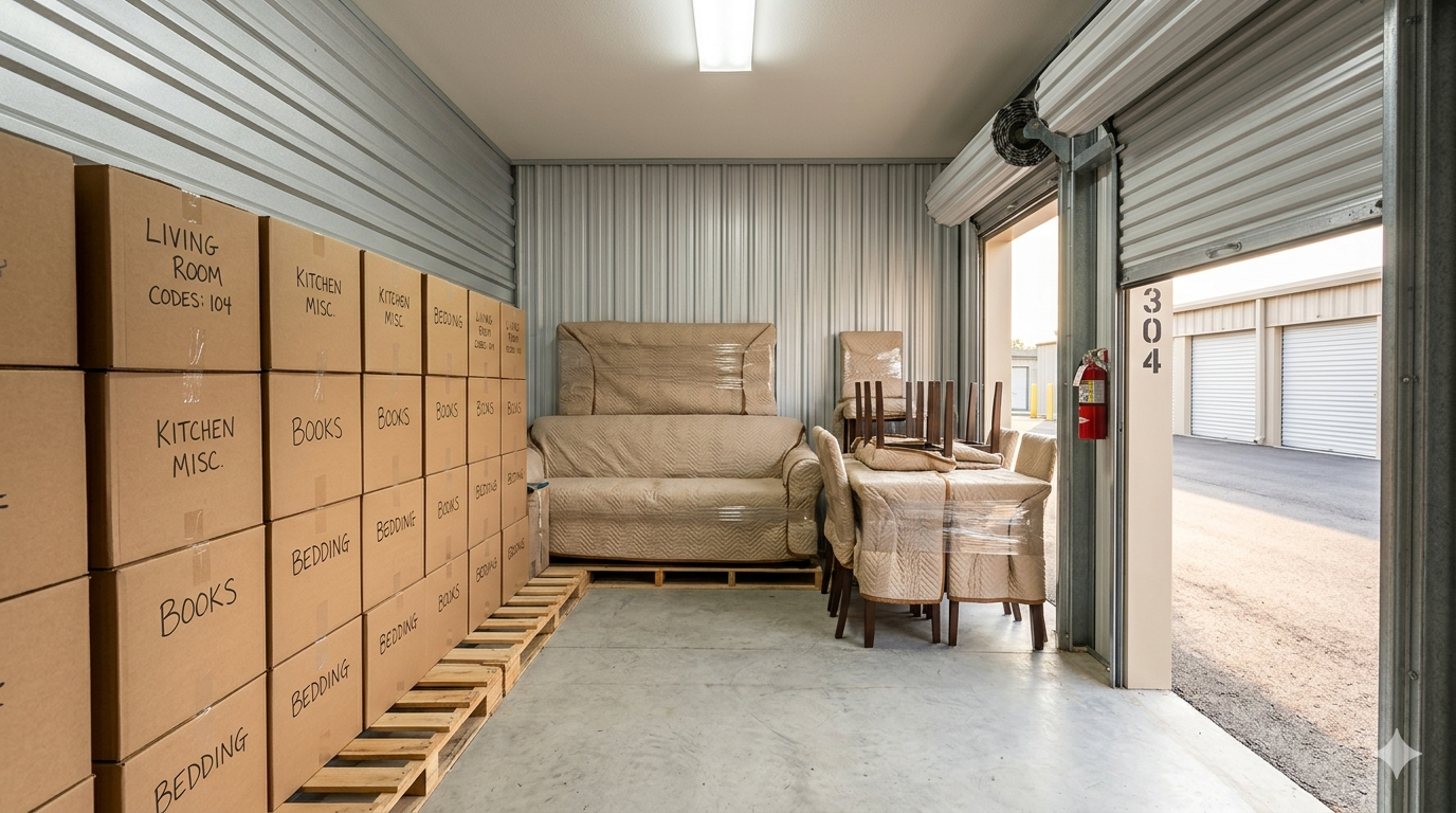 Organised 10x10 storage unit in Montego Bay Jamaica holding furniture and boxes during home renovation Organised 10x10 storage unit in Montego Bay Jamaica holding furniture and boxes during home renovation