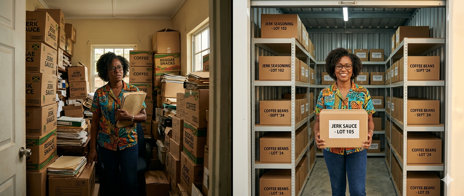 Cluttered small business storeroom in Jamaica compared to organised storage unit with labelled inventory Cluttered small business storeroom in Jamaica compared to organised storage unit with labelled inventory
