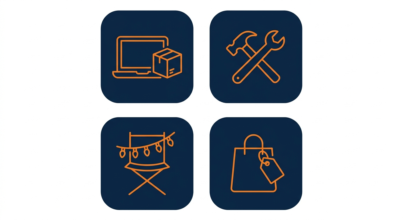 Icons representing e-commerce, contractor, event planner and retail businesses that use storage units in Montego Bay Icons representing e-commerce, contractor, event planner and retail businesses that use storage units in Montego Bay