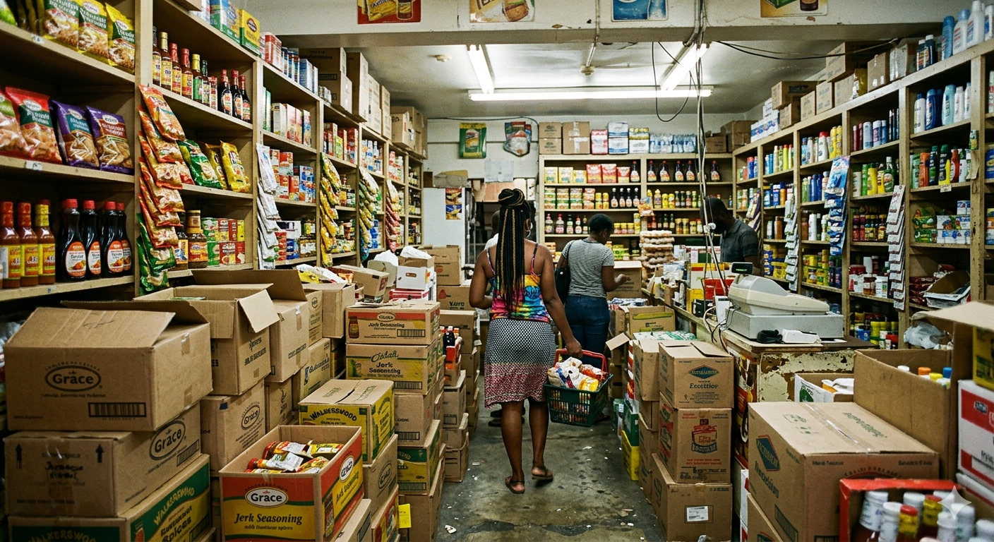 Small Jamaican retail shop with excess inventory boxes crowding the customer aisle and shelves Small Jamaican retail shop with excess inventory boxes crowding the customer aisle and shelves