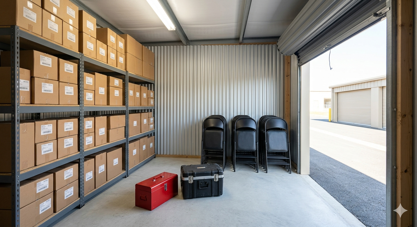 Organised 10x10 storage unit in Jamaica with labelled inventory boxes, shelving and contractor equipment Organised 10x10 storage unit in Jamaica with labelled inventory boxes, shelving and contractor equipment