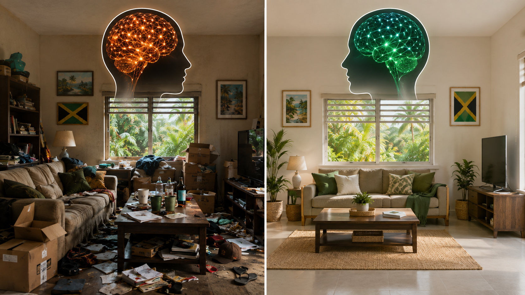 A wide split-screen editorial illustration of the same tropical Jamaican living room shown in two contrasting states. The left side is cluttered and chaotic, with moving boxes, scattered papers, dishes, clothing, bottles, and an untidy coffee table under warm, dim lighting. Above the room is a glowing orange brain silhouette with dense, tangled neural pathways representing mental overload. The right side shows the identical room clean, organized, and minimal, featuring neatly arranged furniture, indoor plants, a tidy coffee table, and bright natural daylight. Above it is a glowing green brain silhouette with orderly neural connections symbolizing calm, focus, and mental clarity. The composition uses a clean vertical split, creating a dramatic before-and-after comparison in a high-quality editorial infographic-meets-photography style. A wide split-screen editorial illustration of the same tropical Jamaican living room shown in two contrasting states. The left side is cluttered and chaotic, with moving boxes, scattered papers, dishes, clothing, bottles, and an untidy coffee table under warm, dim lighting. Above the room is a glowing orange brain silhouette with dense, tangled neural pathways representing mental overload. The right side shows the identical room clean, organized, and minimal, featuring neatly arranged furniture, indoor plants, a tidy coffee table, and bright natural daylight. Above it is a glowing green brain silhouette with orderly neural connections symbolizing calm, focus, and mental clarity. The composition uses a clean vertical split, creating a dramatic before-and-after comparison in a high-quality editorial infographic-meets-photography style.