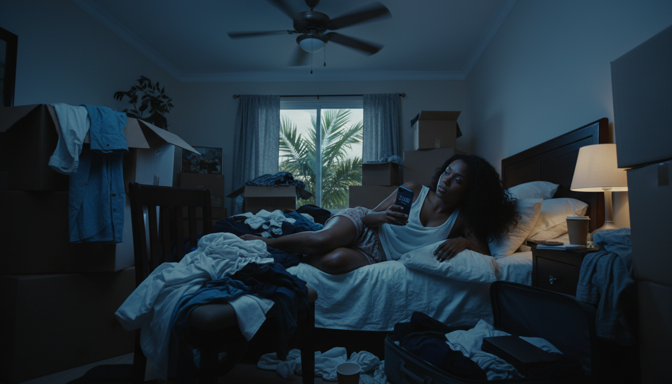A photorealistic nighttime scene of a young Jamaican professional woman lying awake in bed inside a cluttered Caribbean bedroom. Soft blue light from her phone illuminates her worried expression while the screen displays 2:00 AM. Moving boxes, folded and unfolded clothes, and personal belongings fill the room, creating a sense of overwhelm. A ceiling fan hangs overhead, with tropical windows in the background, capturing the emotional impact of living in a crowded, disorganized space. A photorealistic nighttime scene of a young Jamaican professional woman lying awake in bed inside a cluttered Caribbean bedroom. Soft blue light from her phone illuminates her worried expression while the screen displays 2:00 AM. Moving boxes, folded and unfolded clothes, and personal belongings fill the room, creating a sense of overwhelm. A ceiling fan hangs overhead, with tropical windows in the background, capturing the emotional impact of living in a crowded, disorganized space.