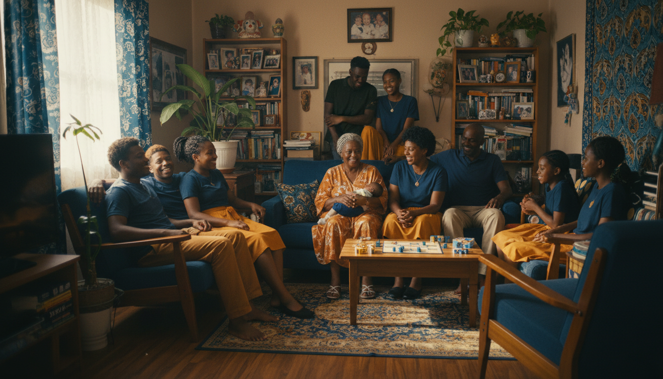 A warm, editorial-style photograph of a multigenerational Jamaican family gathered together inside a cozy Caribbean home in Montego Bay. Grandparents, parents, and children share a modest living room filled with family photos, bookshelves, decorative items, and closely arranged furniture. Golden afternoon sunlight fills the space, highlighting a loving family atmosphere while subtly conveying the challenges of limited living space in a full but welcoming home. A warm, editorial-style photograph of a multigenerational Jamaican family gathered together inside a cozy Caribbean home in Montego Bay. Grandparents, parents, and children share a modest living room filled with family photos, bookshelves, decorative items, and closely arranged furniture. Golden afternoon sunlight fills the space, highlighting a loving family atmosphere while subtly conveying the challenges of limited living space in a full but welcoming home.