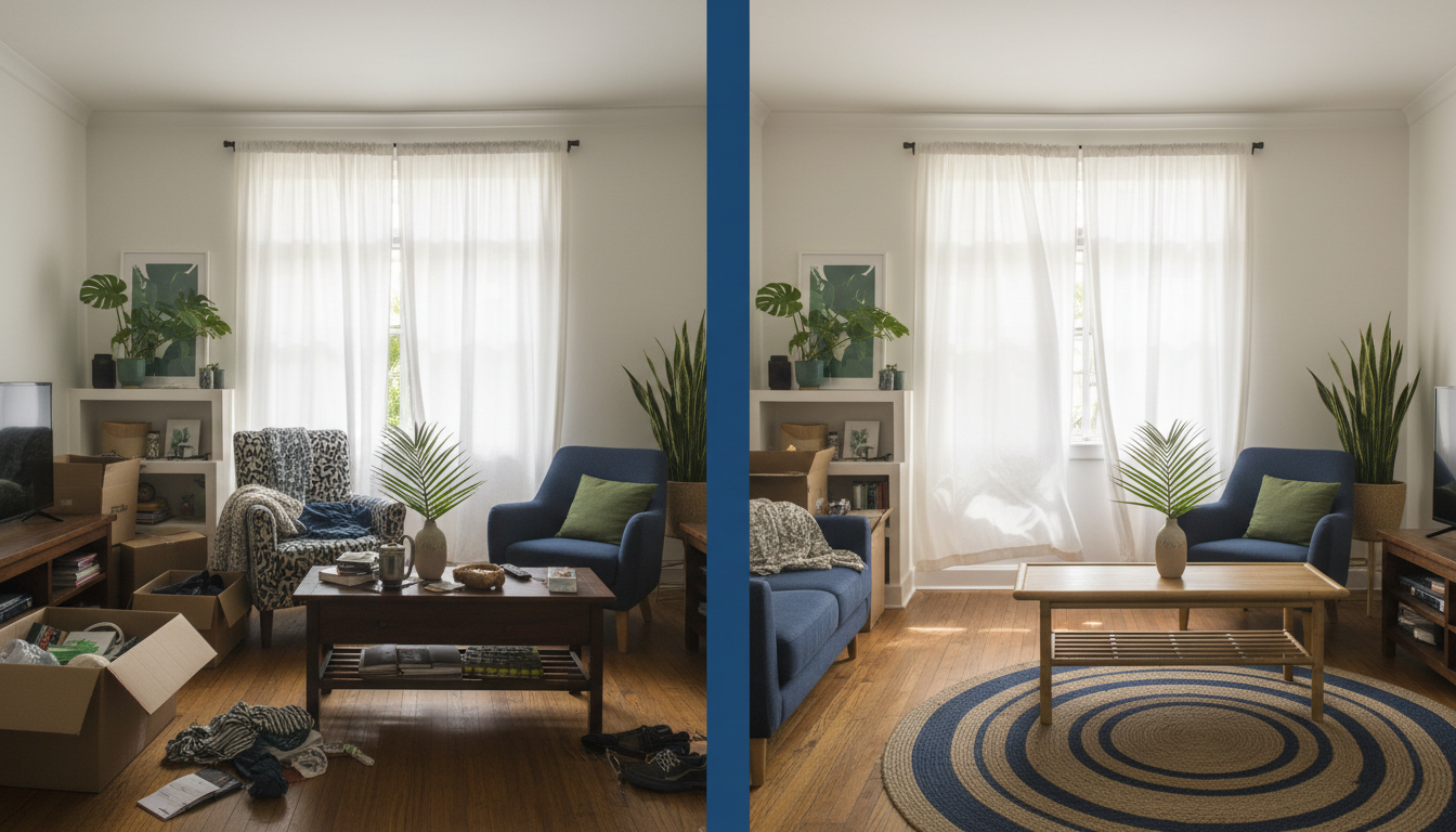 Clean, minimalist split-image concept showing the same Jamaican home before and after decluttering. Left side: cramped, boxes stacked, cluttered surfaces. Right side: the same room transformed, spacious, plants, calm and airy with Caribbean breeze implied. Natural light, tropical setting. Brand colors deep blue #005499 and forest green #085312 in furniture and decor. 16:9 editorial photography. Professional quality, 8K resolution. Magazine cover quality lifestyle shot. Clean, minimalist split-image concept showing the same Jamaican home before and after decluttering. Left side: cramped, boxes stacked, cluttered surfaces. Right side: the same room transformed, spacious, plants, calm and airy with Caribbean breeze implied. Natural light, tropical setting. Brand colors deep blue #005499 and forest green #085312 in furniture and decor. 16:9 editorial photography. Professional quality, 8K resolution. Magazine cover quality lifestyle shot.