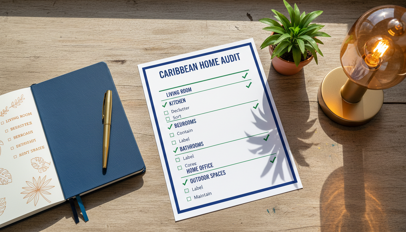 Flat lay overhead shot of a home organization audit checklist on a wooden desk in a Caribbean home. Notebook open with handwritten room categories, a pen, small potted tropical plant, amber accent lamp. Color palette: deep blue #005499, forest green #085312, warm amber #ff8c00, white paper. Clean minimal overhead composition. 16:9 format. Professional product lifestyle photography. Bright natural light. 8K quality. Flat lay overhead shot of a home organization audit checklist on a wooden desk in a Caribbean home. Notebook open with handwritten room categories, a pen, small potted tropical plant, amber accent lamp. Color palette: deep blue #005499, forest green #085312, warm amber #ff8c00, white paper. Clean minimal overhead composition. 16:9 format. Professional product lifestyle photography. Bright natural light. 8K quality.