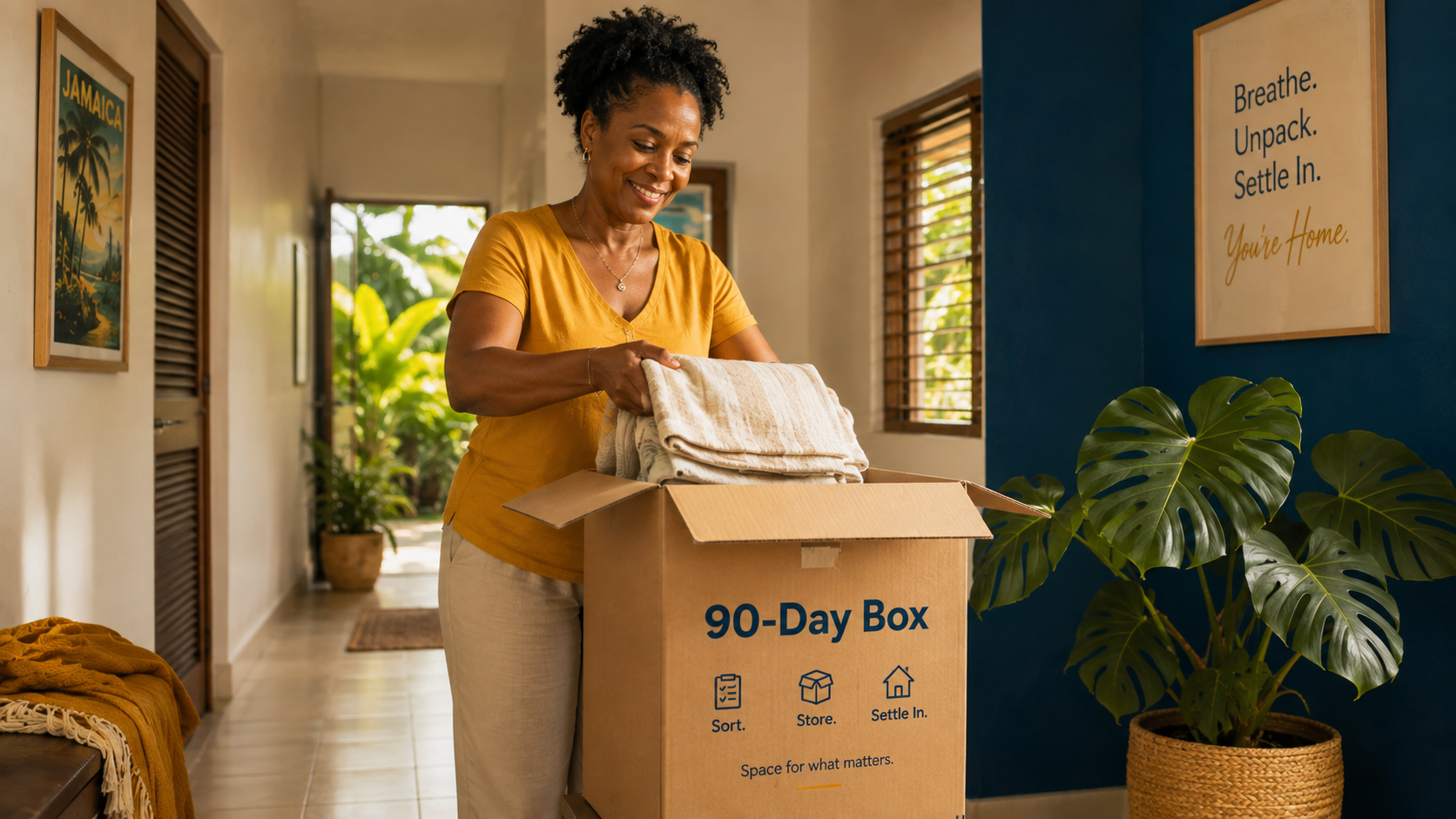 Conceptual lifestyle photo showing a large cardboard box labeled 90-Day Box sitting in a bright, airy Jamaican home corridor. A smiling Jamaican woman in her 40s places folded linens into the box with a sense of relief and calm. Warm tropical morning light. Clean walls, a potted monstera plant nearby. Brand colors: deep blue #005499 accent wall, amber warm tones. 16:9 cinematic composition. Editorial lifestyle photography, professional, 8K. Conceptual lifestyle photo showing a large cardboard box labeled 90-Day Box sitting in a bright, airy Jamaican home corridor. A smiling Jamaican woman in her 40s places folded linens into the box with a sense of relief and calm. Warm tropical morning light. Clean walls, a potted monstera plant nearby. Brand colors: deep blue #005499 accent wall, amber warm tones. 16:9 cinematic composition. Editorial lifestyle photography, professional, 8K.