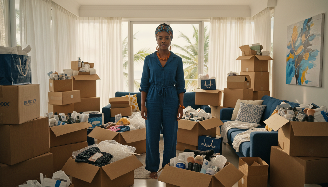 A confident Jamaican entrepreneur stands in her Montego Bay living room surrounded by boxes of business inventory and packaging materials, representing the challenge of running a small business from home in Jamaica. A confident Jamaican entrepreneur stands in her Montego Bay living room surrounded by boxes of business inventory and packaging materials, representing the challenge of running a small business from home in Jamaica.