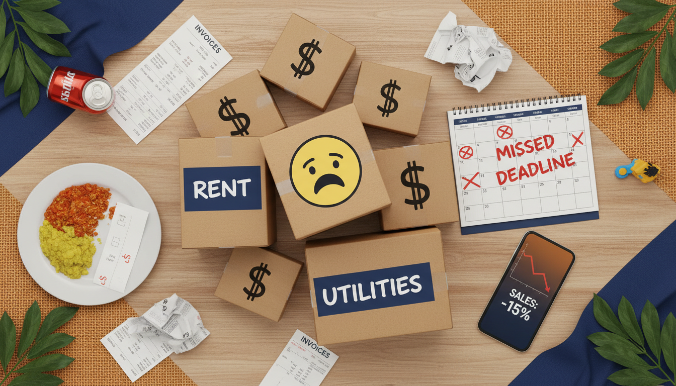 Flat lay showing boxes with dollar signs, scattered invoices, and a phone showing negative sales data, illustrating the hidden financial and productivity costs of storing business inventory at home in Jamaica. Flat lay showing boxes with dollar signs, scattered invoices, and a phone showing negative sales data, illustrating the hidden financial and productivity costs of storing business inventory at home in Jamaica.
