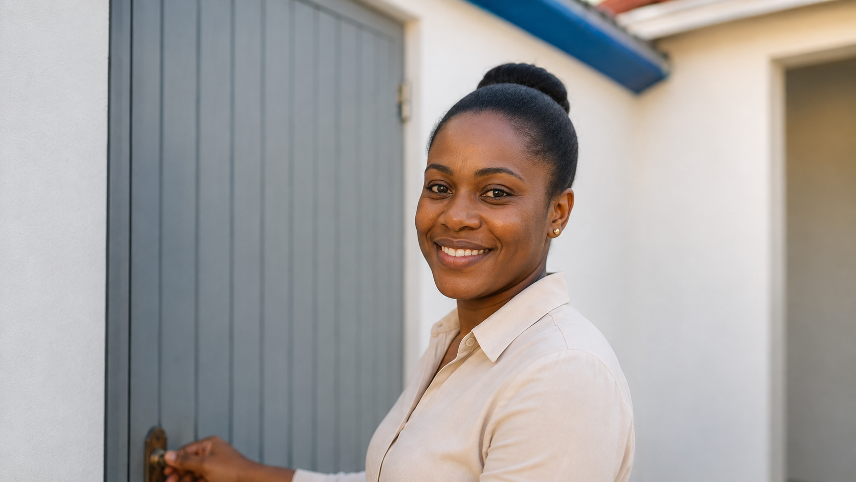 Professional, bright exterior shot of a clean modern self-storage facility in Jamaica with a tropical blue sky, lush green hills in the background, secure padlocked unit doors in deep blue #005499 color. A satisfied Jamaican woman unlocks her storage unit, smiling with relief. Palm trees visible. Clean signage. Photorealistic 16:9 cinematic composition. Golden hour warm lighting. Professional photography quality, 8K resolution. Secure, trustworthy, Caribbean feel. Professional, bright exterior shot of a clean modern self-storage facility in Jamaica with a tropical blue sky, lush green hills in the background, secure padlocked unit doors in deep blue #005499 color. A satisfied Jamaican woman unlocks her storage unit, smiling with relief. Palm trees visible. Clean signage. Photorealistic 16:9 cinematic composition. Golden hour warm lighting. Professional photography quality, 8K resolution. Secure, trustworthy, Caribbean feel.