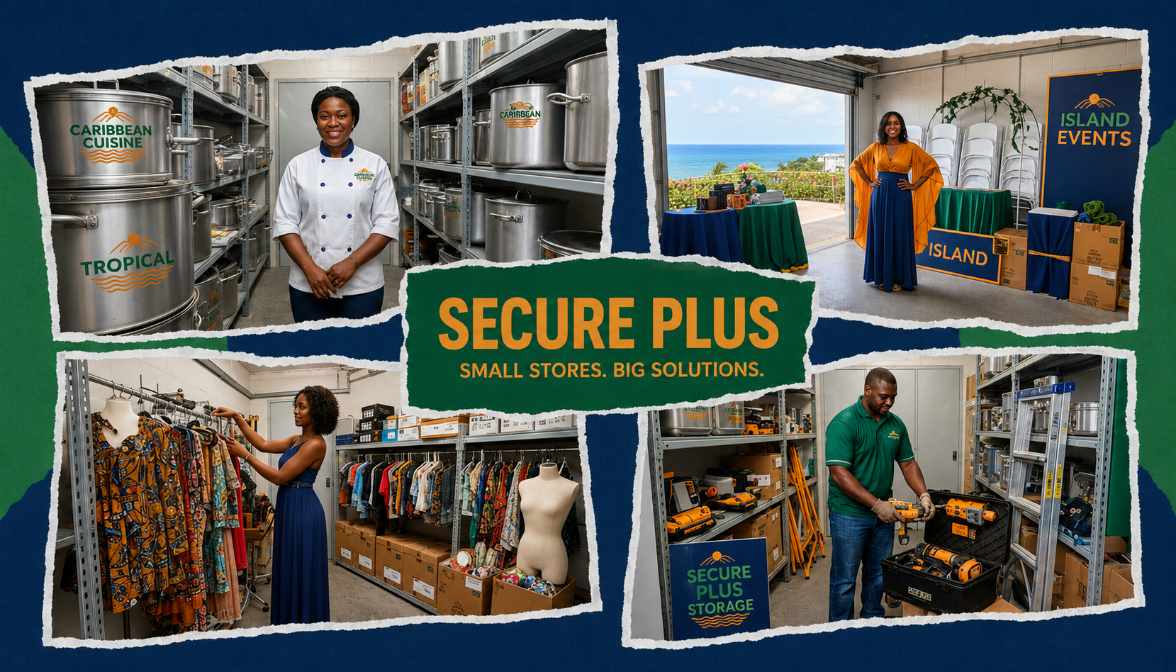 A four-panel collage showing a Jamaican caterer, event decorator, boutique owner, and contractor, representing the types of small business owners in Jamaica who benefit most from using self-storage units for their operations. A four-panel collage showing a Jamaican caterer, event decorator, boutique owner, and contractor, representing the types of small business owners in Jamaica who benefit most from using self-storage units for their operations.