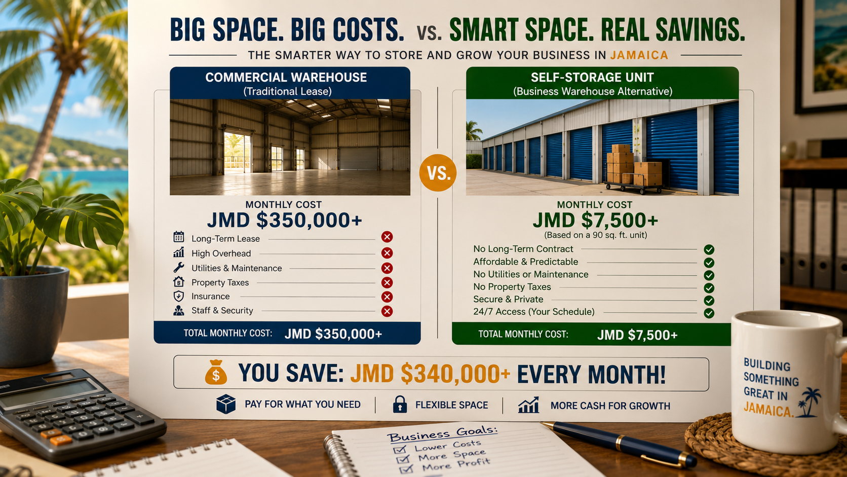 A clean cost comparison layout on a Caribbean office desk showing the price difference between renting commercial warehouse space versus using an affordable self-storage unit as a business warehouse alternative in Jamaica. A clean cost comparison layout on a Caribbean office desk showing the price difference between renting commercial warehouse space versus using an affordable self-storage unit as a business warehouse alternative in Jamaica.