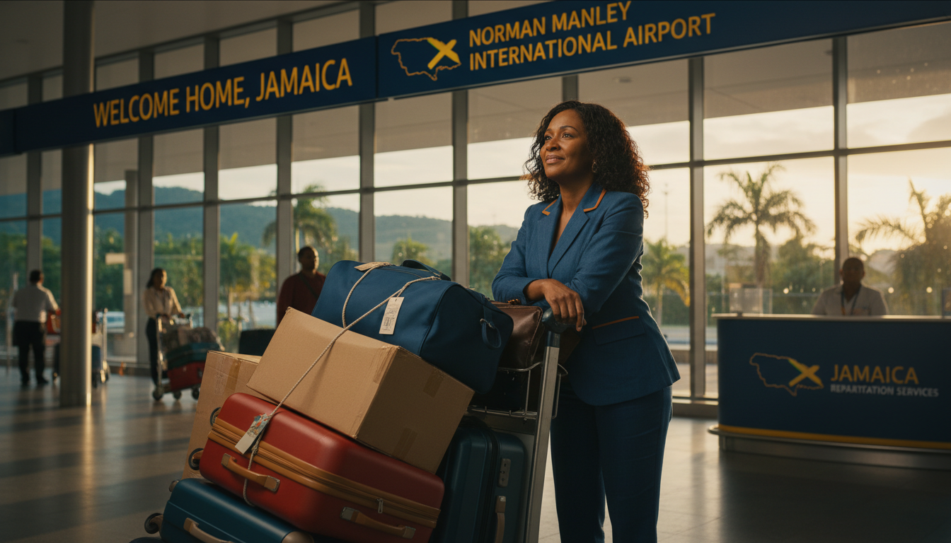 A well-dressed Jamaican returning resident arrives at a Jamaican airport with multiple large suitcases and boxes on a trolley, looking tired but relieved, representing the emotional and logistical journey of moving back home to Jamaica. A well-dressed Jamaican returning resident arrives at a Jamaican airport with multiple large suitcases and boxes on a trolley, looking tired but relieved, representing the emotional and logistical journey of moving back home to Jamaica.