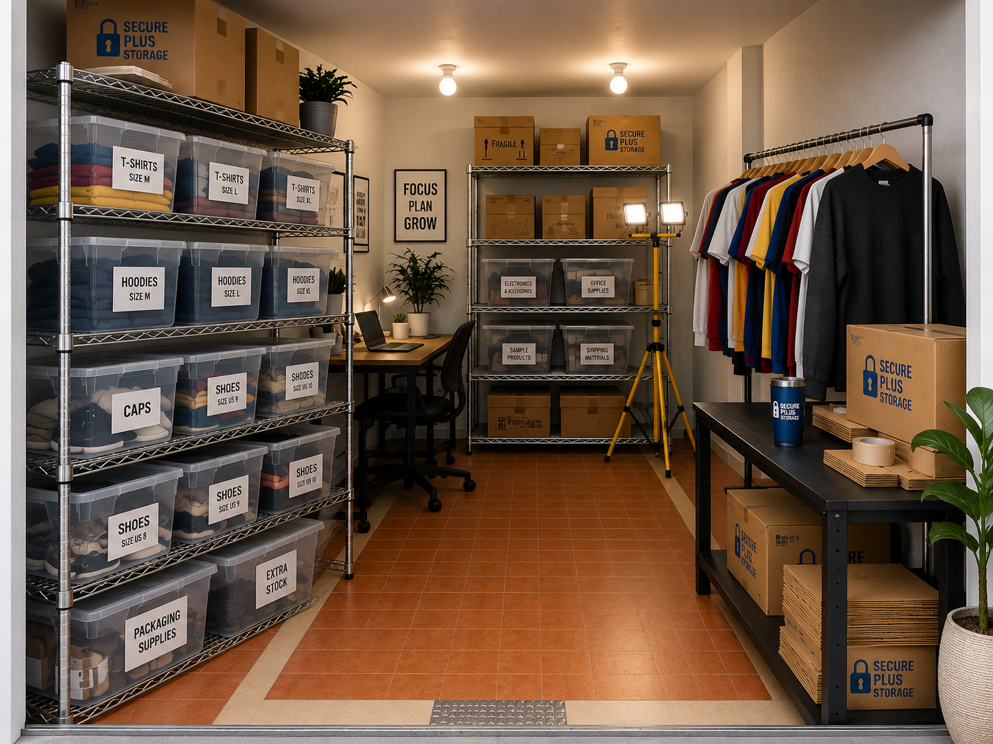 A well-organized self-storage unit in Jamaica set up as a lean mini-warehouse, featuring metal shelving with labeled clear bins, a clothing rack, and portable lighting, showing how small business owners can use storage units as professional inventory space. A well-organized self-storage unit in Jamaica set up as a lean mini-warehouse, featuring metal shelving with labeled clear bins, a clothing rack, and portable lighting, showing how small business owners can use storage units as professional inventory space.