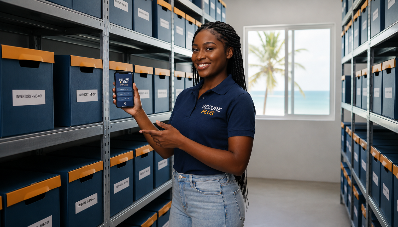 A young Jamaican business owner smiles while using her smartphone to scan barcodes on labeled storage boxes inside a clean and organized Secure Plus+ Storage unit in Montego Bay, demonstrating simple and effective inventory management for small businesses. A young Jamaican business owner smiles while using her smartphone to scan barcodes on labeled storage boxes inside a clean and organized Secure Plus+ Storage unit in Montego Bay, demonstrating simple and effective inventory management for small businesses.