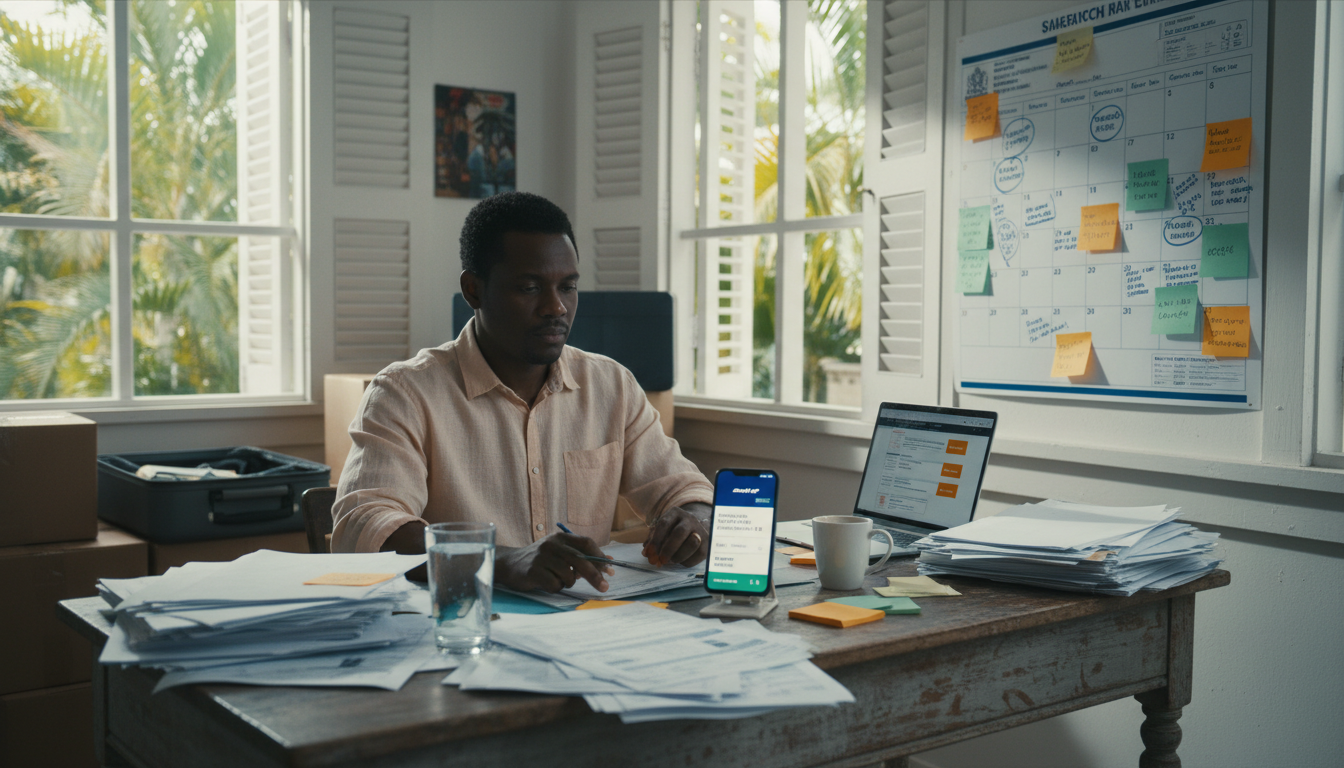 A returning Jamaican resident works at a desk surrounded by a wall calendar with circled dates, shipping container paperwork, customs forms, and sticky notes, showing the complex timeline and planning involved in relocating back to Jamaica. A returning Jamaican resident works at a desk surrounded by a wall calendar with circled dates, shipping container paperwork, customs forms, and sticky notes, showing the complex timeline and planning involved in relocating back to Jamaica.