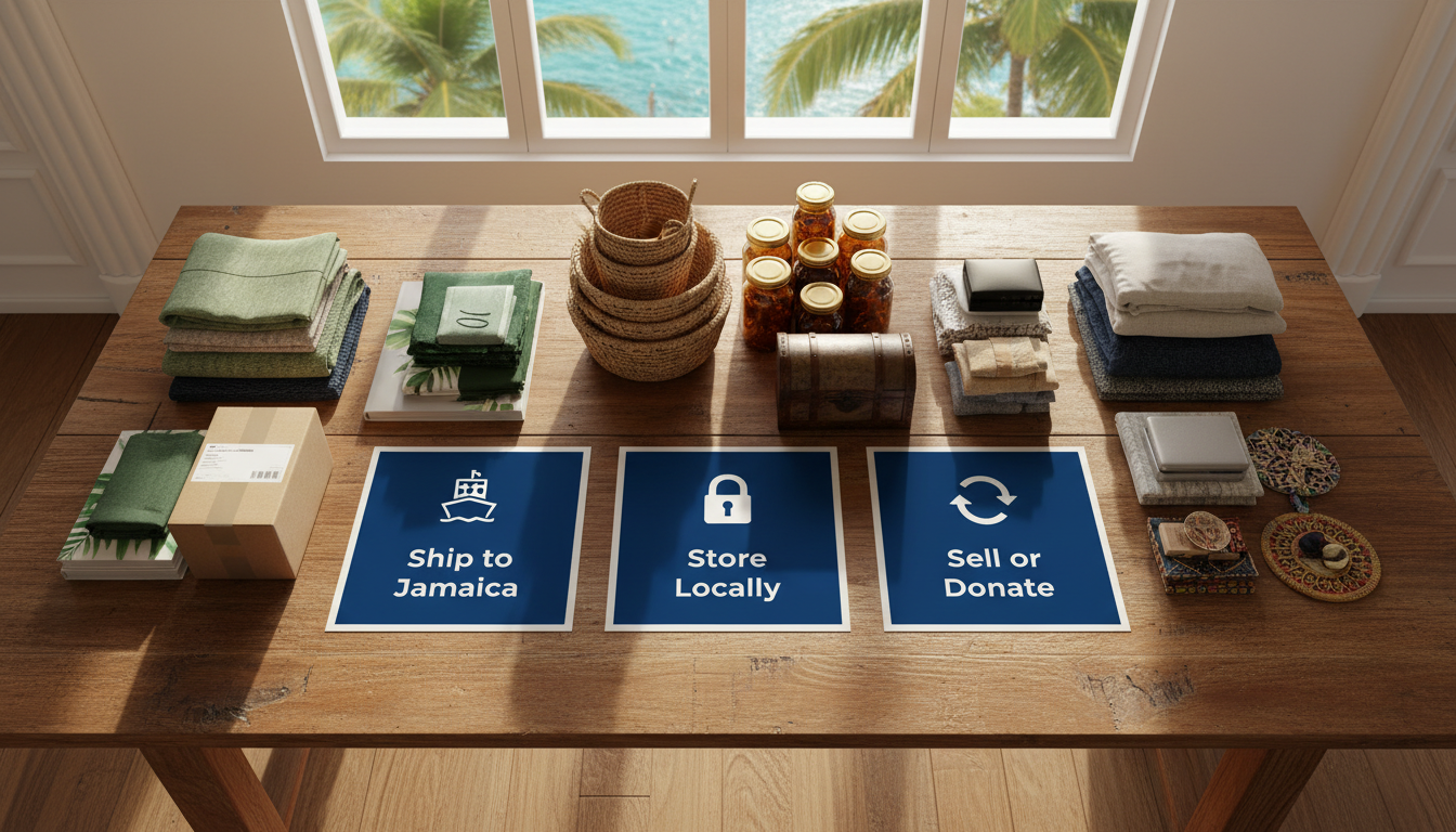 A flat lay decision framework on a Caribbean home table divided into three clearly labeled sections: Ship to Jamaica, Store Locally, and Sell or Donate, helping returning Jamaican residents decide what to do with their belongings before relocating home. A flat lay decision framework on a Caribbean home table divided into three clearly labeled sections: Ship to Jamaica, Store Locally, and Sell or Donate, helping returning Jamaican residents decide what to do with their belongings before relocating home.