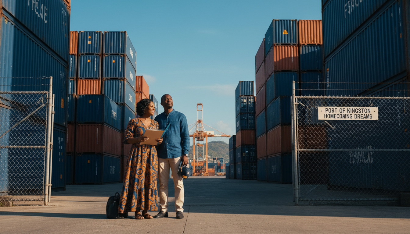 A returning Jamaican resident couple stands patiently outside a Jamaican port with shipping documents in hand, large steel containers visible behind them, representing the customs and port clearance process that returning residents must navigate when moving back to Jamaica. A returning Jamaican resident couple stands patiently outside a Jamaican port with shipping documents in hand, large steel containers visible behind them, representing the customs and port clearance process that returning residents must navigate when moving back to Jamaica.
