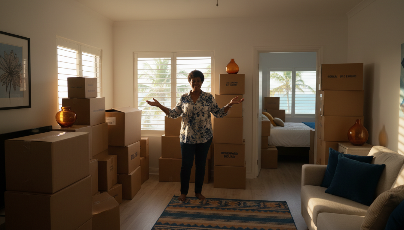 A returning Jamaican resident stands in her small Montego Bay temporary apartment surrounded by stacked boxes from her international move that do not fit in the limited space, illustrating the common challenge of transitional housing during relocation back to Jamaica. A returning Jamaican resident stands in her small Montego Bay temporary apartment surrounded by stacked boxes from her international move that do not fit in the limited space, illustrating the common challenge of transitional housing during relocation back to Jamaica.