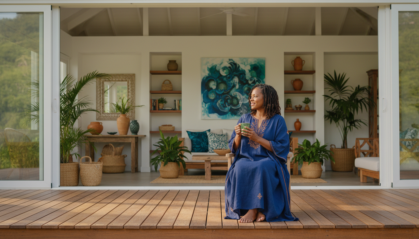 A Jamaican returning resident sits peacefully on her verandah with a morning cup of coffee, looking out at lush green Jamaican hills from her beautifully organized tropical home, representing the calm and joy of successfully completing the journey of moving back to Jamaica with the help of Secure Plus+ Storage in Montego Bay. A Jamaican returning resident sits peacefully on her verandah with a morning cup of coffee, looking out at lush green Jamaican hills from her beautifully organized tropical home, representing the calm and joy of successfully completing the journey of moving back to Jamaica with the help of Secure Plus+ Storage in Montego Bay.