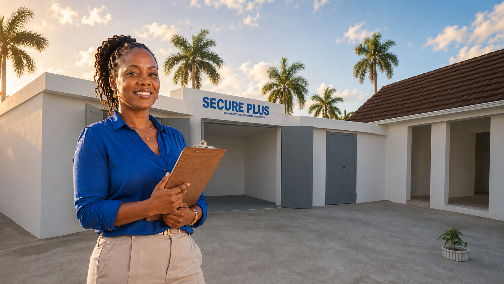 A successful Jamaican small business owner stands confidently outside a professional Secure Plus+ Storage facility in Montego Bay at golden hour, holding a clipboard and smiling, representing how self-storage empowers Jamaican entrepreneurs to scale their businesses without signing a commercial lease. A successful Jamaican small business owner stands confidently outside a professional Secure Plus+ Storage facility in Montego Bay at golden hour, holding a clipboard and smiling, representing how self-storage empowers Jamaican entrepreneurs to scale their businesses without signing a commercial lease.
