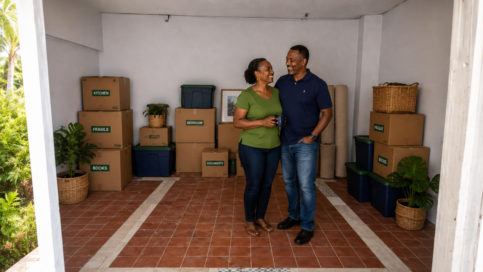 A returning Jamaican resident couple stands inside a clean and organized Secure Plus+ Storage unit in Montego Bay, with neatly labeled boxes from their international move, showing how a self-storage unit can serve as a transition buffer while returning residents settle into their permanent Jamaican home. A returning Jamaican resident couple stands inside a clean and organized Secure Plus+ Storage unit in Montego Bay, with neatly labeled boxes from their international move, showing how a self-storage unit can serve as a transition buffer while returning residents settle into their permanent Jamaican home.