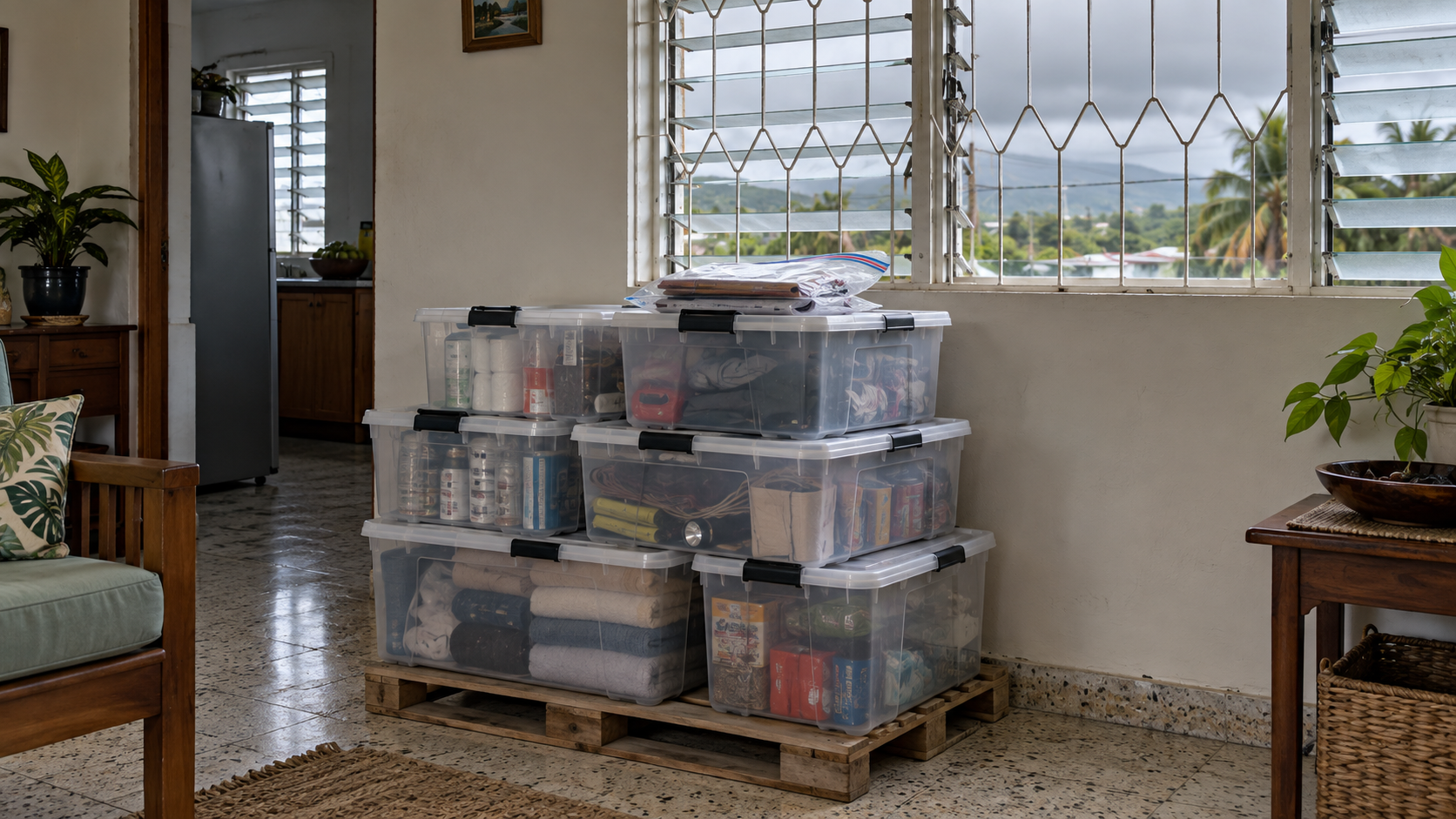 Hurricane preparedness checklist Jamaica – sealed storage bins raised on a pallet Hurricane preparedness checklist Jamaica – sealed storage bins raised on a pallet