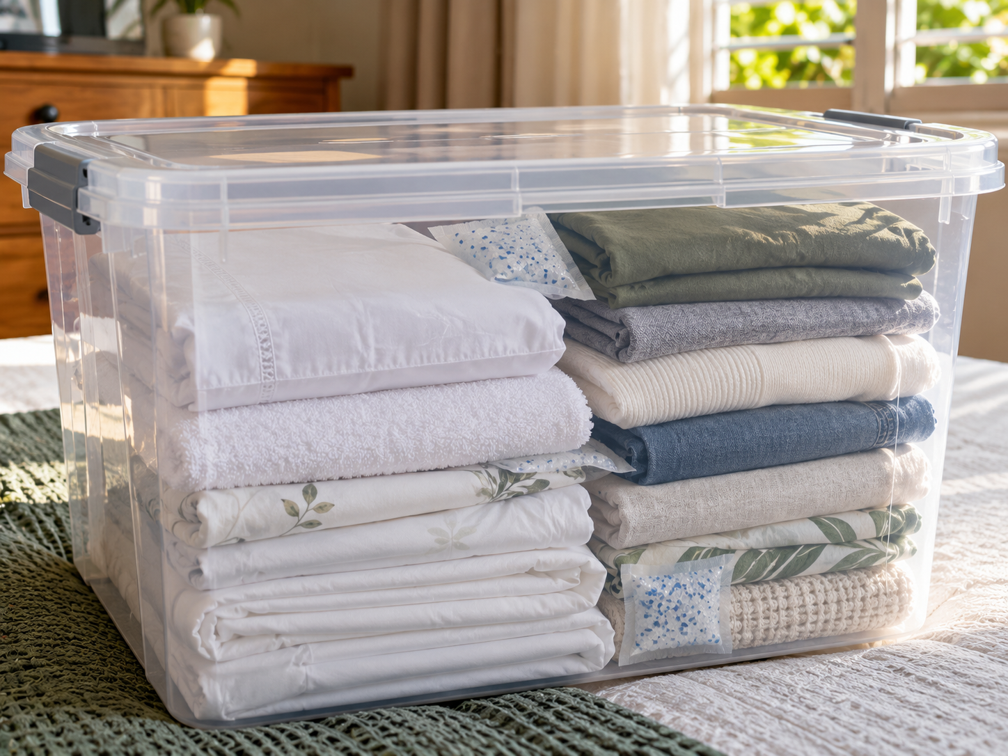 Storing clothes long term without mould using sealed bins and silica gel Storing clothes long term without mould using sealed bins and silica gel