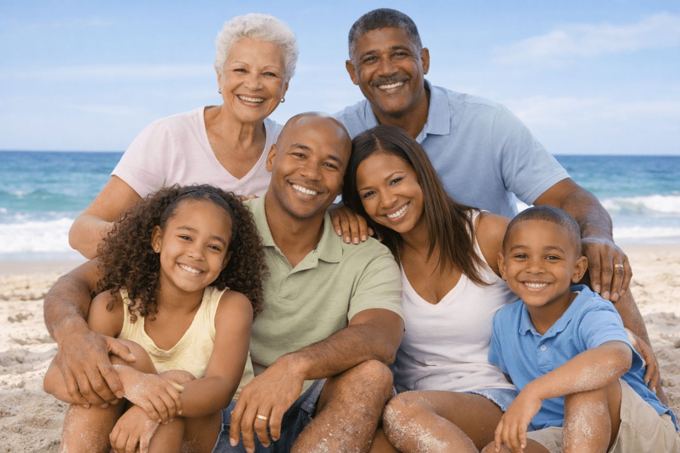 Three generations of a smiling family sitting together on a beach