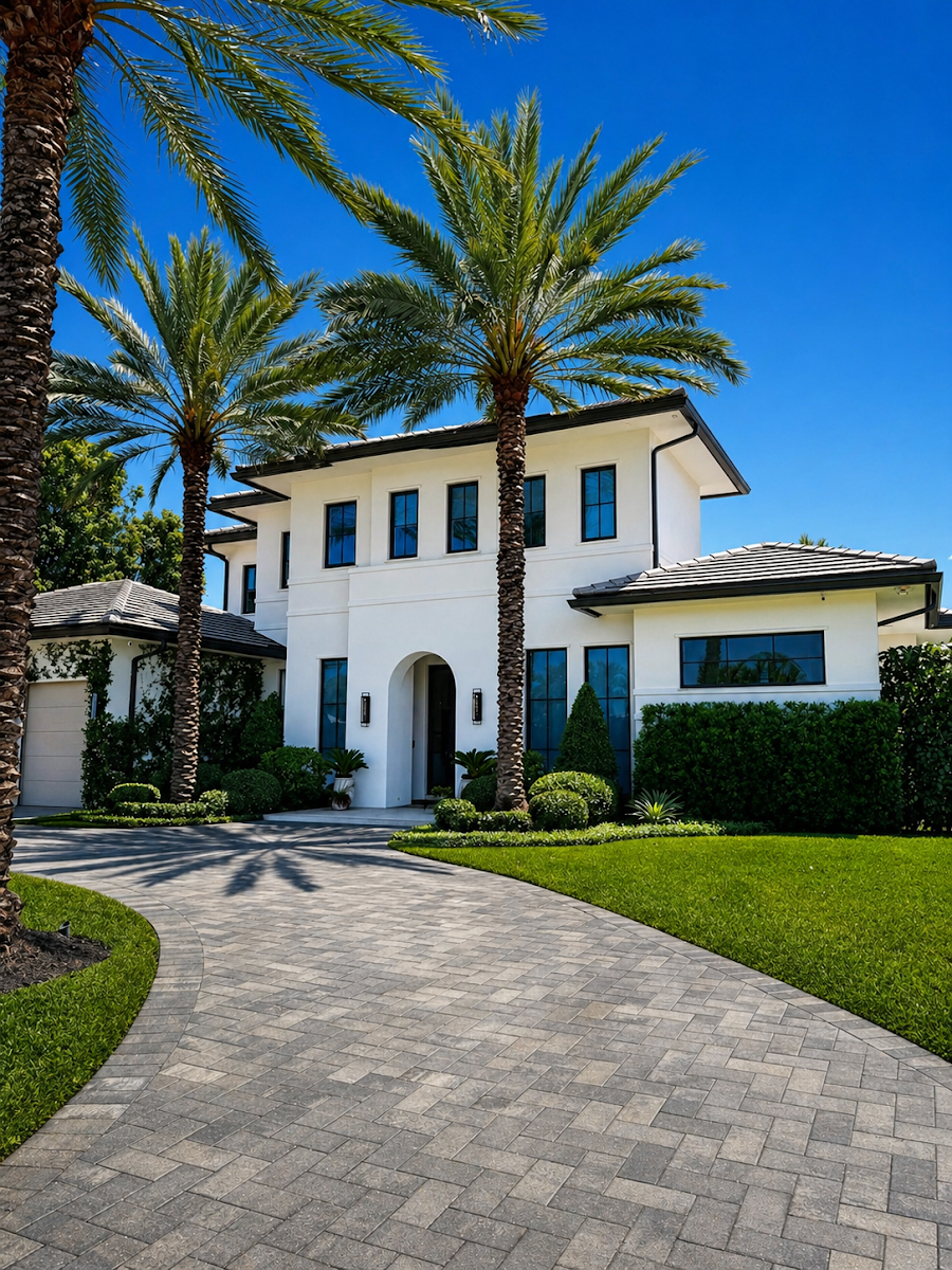 Freshly cleaned South Florida home with a sealed paver driveway and spotless windows