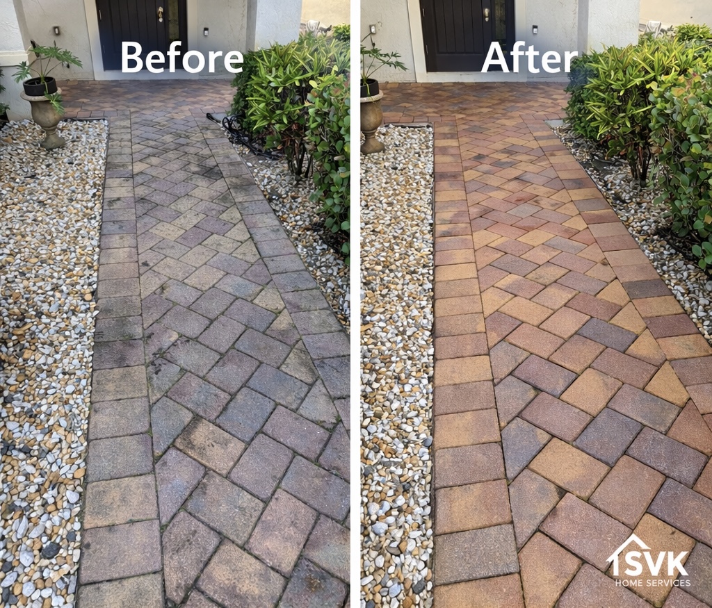 Paver walkway before and after sealing