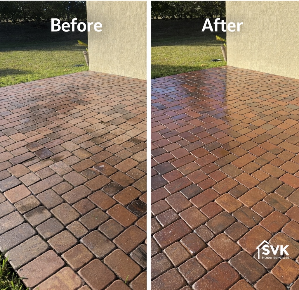 Paver patio before and after cleaning and sealing