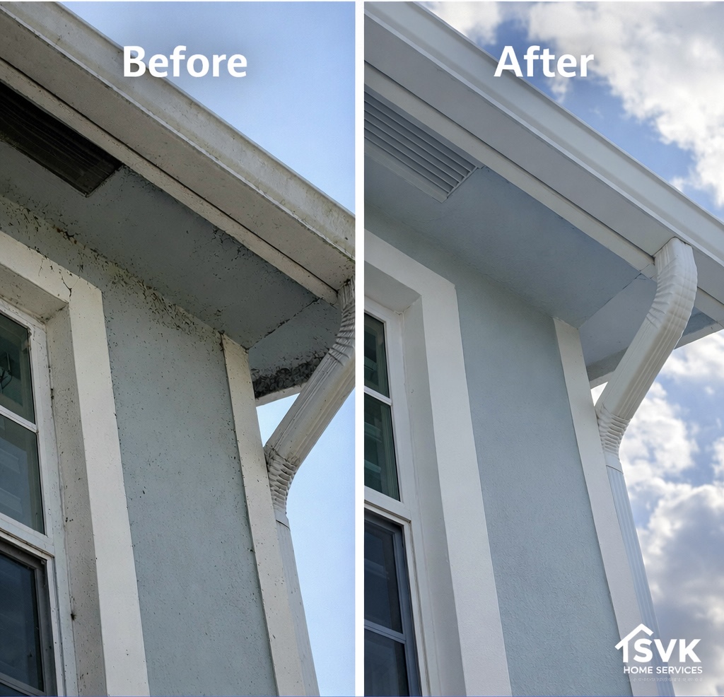 House exterior corner before and after soft washing