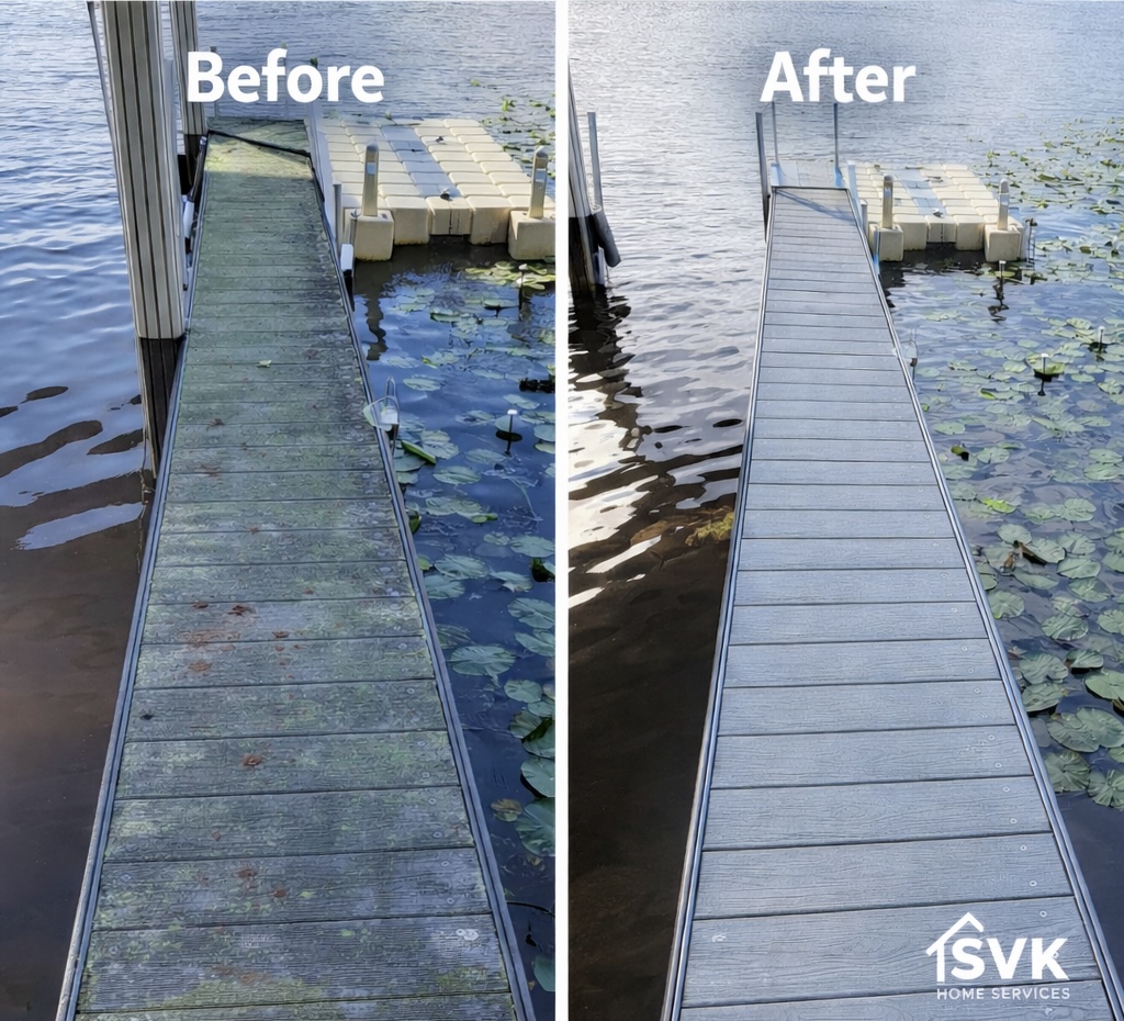 Dock surface before and after pressure washing