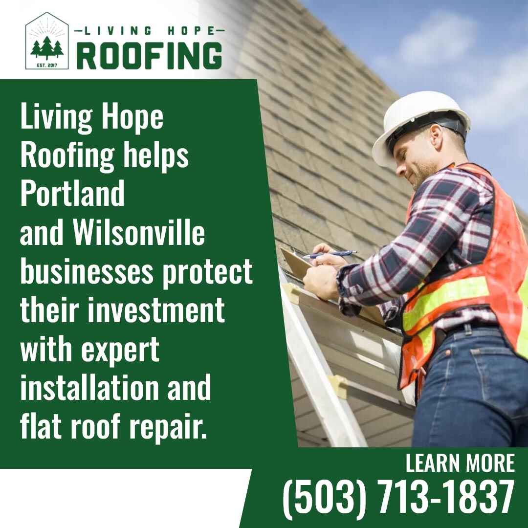 Roofing contractor inspecting a roof while promoting Living Hope Roofing services in Portland and Wilsonville. Roofing contractor inspecting a roof while promoting Living Hope Roofing services in Portland and Wilsonville.