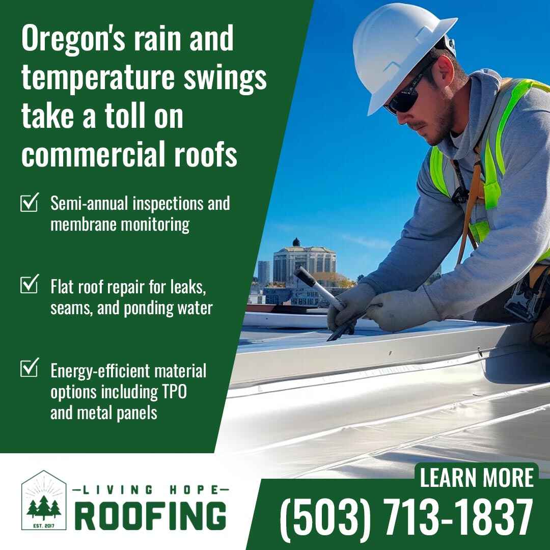 Roofing technician inspecting a commercial flat roof with text about Oregon weather impact and maintenance services. Roofing technician inspecting a commercial flat roof with text about Oregon weather impact and maintenance services.