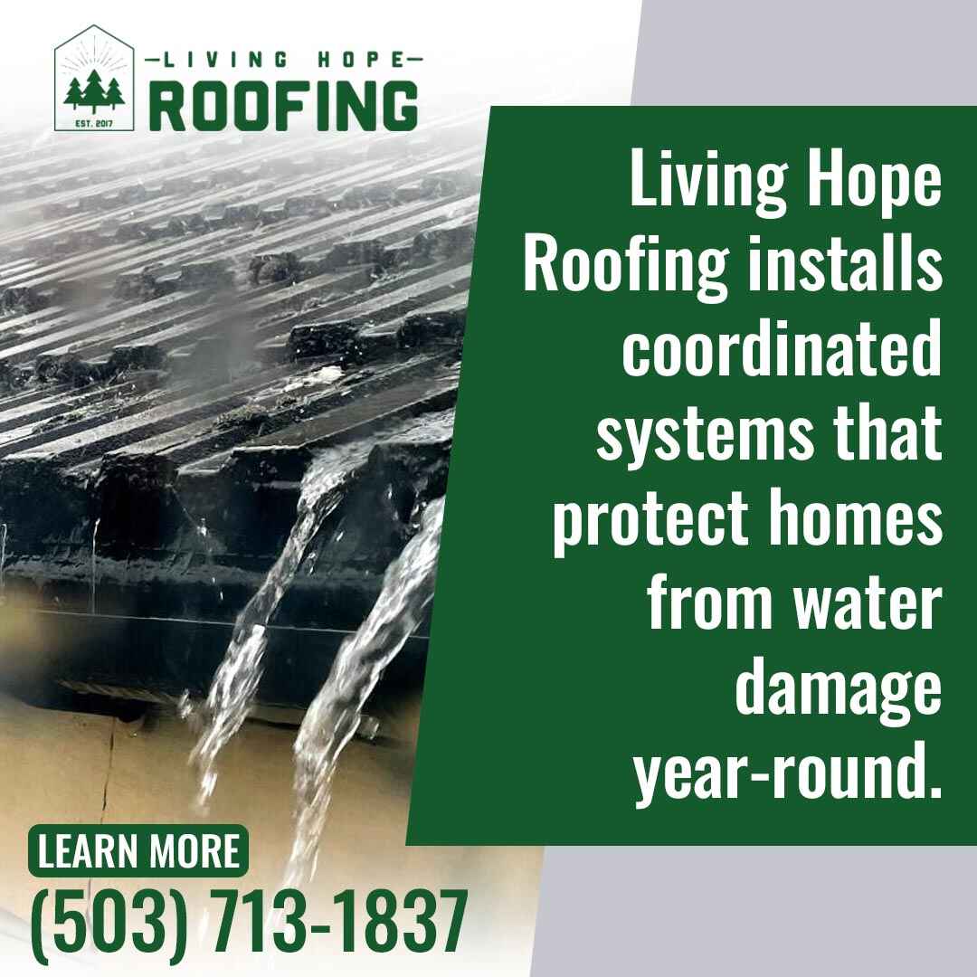 Rainwater flowing off a roof with messaging about protecting homes from water damage.
