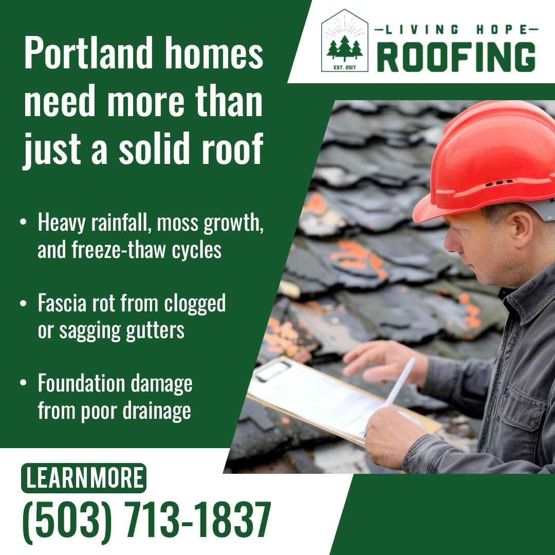 Roof inspector examining shingles with text about Portland roofing and drainage challenges.