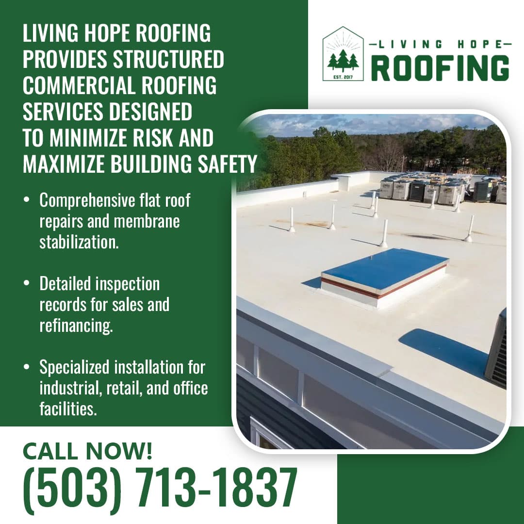 Flat commercial rooftop with HVAC units and membrane roofing system
