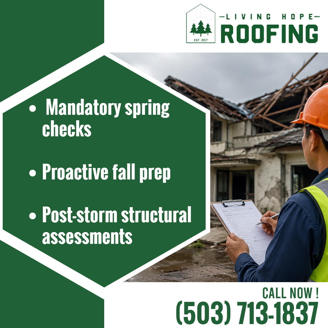 Roofing inspector wearing an orange hardhat and safety vest writing on a clipboard in front of a heavily damaged residential roof structure.